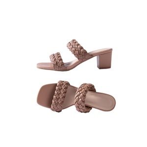 BNWT N.N.G Women Heels Sandals Braided Block Nude Summer Chunky Square Leather